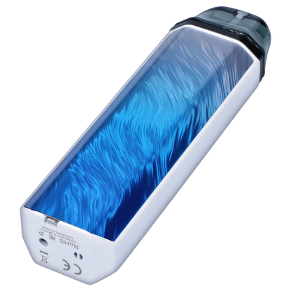 Angled close-up of the XVAPE - Aria Plus Dual Use Vaporizer - Frostwave showing its glossy blue swirled panel and white frame against a plain background
