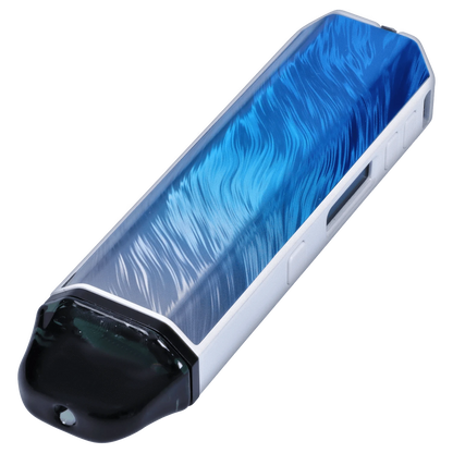 Angled close-up of the Frostwave blue panel on the XVAPE - Aria Plus Dual Use Vaporizer - Frostwave, showing textured wave-like finish and mouthpiece end.