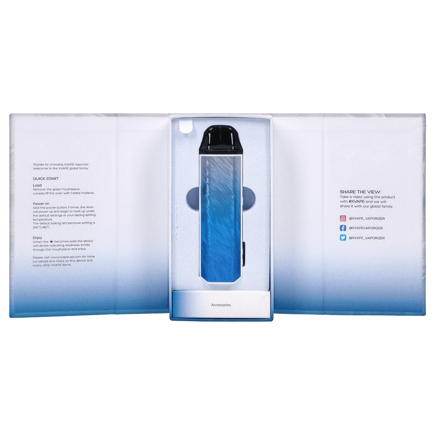 Top-down view of the blue XVAPE - Aria Plus Dual Use Vaporizer - Frostwave nestled in its white and gradient blue open box with printed instructions on the flaps.