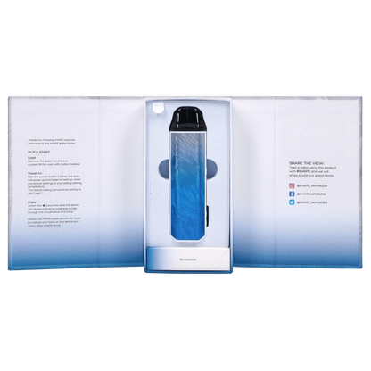 Top-down view of the blue XVAPE - Aria Plus Dual Use Vaporizer - Frostwave nestled in its white and gradient blue open box with printed instructions on the flaps.