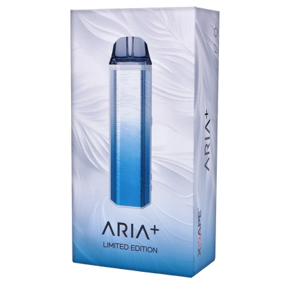 Front view of the blue Frostwave device pictured on the packaging for XVAPE - Aria Plus Dual Use Vaporizer - Frostwave.