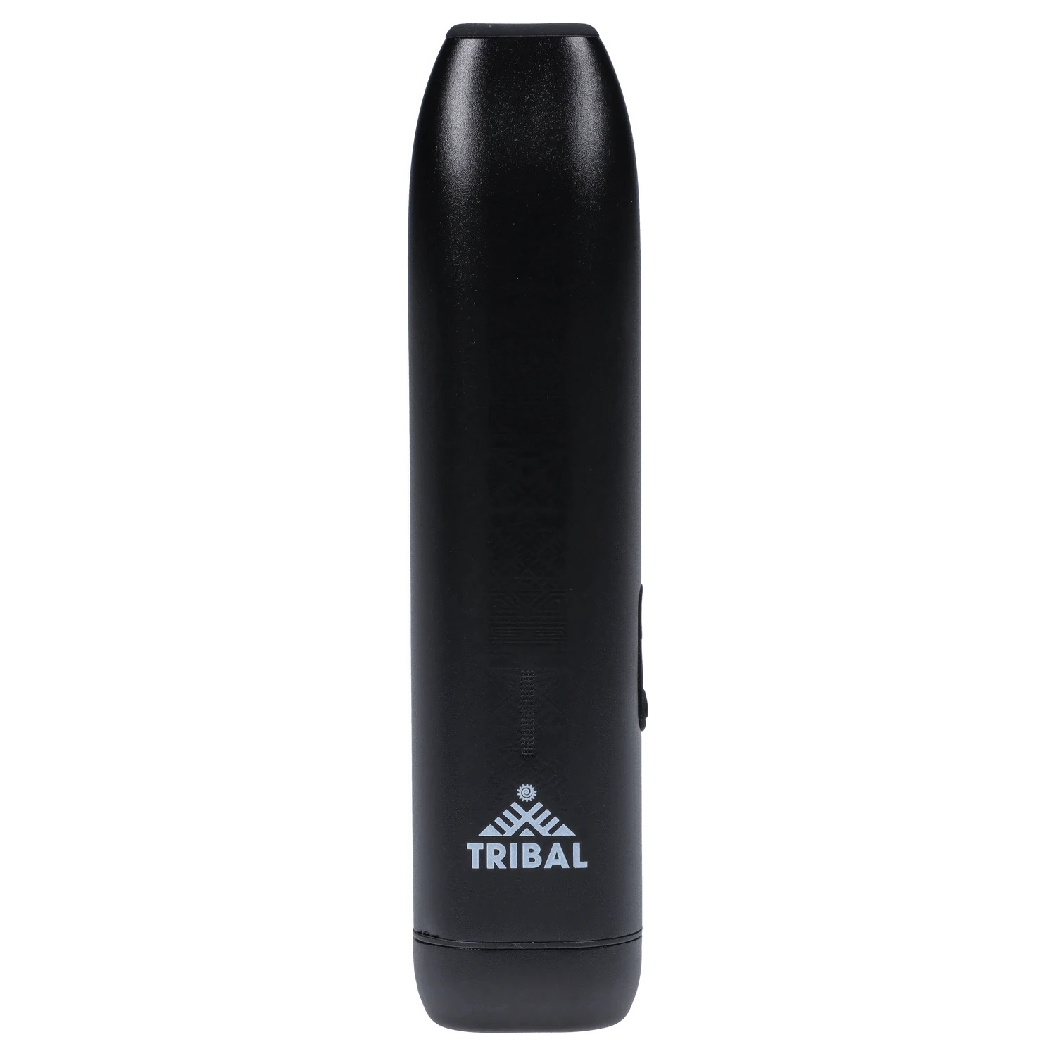Front-facing close-up of the black Tribal Aerolith Dry Herb Vaporizer standing upright against a plain background, showing its smooth cylindrical body and white Tribal logo near the base.