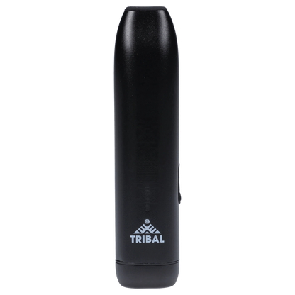 Front-facing close-up of the black Tribal Aerolith Dry Herb Vaporizer standing upright against a plain background, showing its smooth cylindrical body and white Tribal logo near the base.