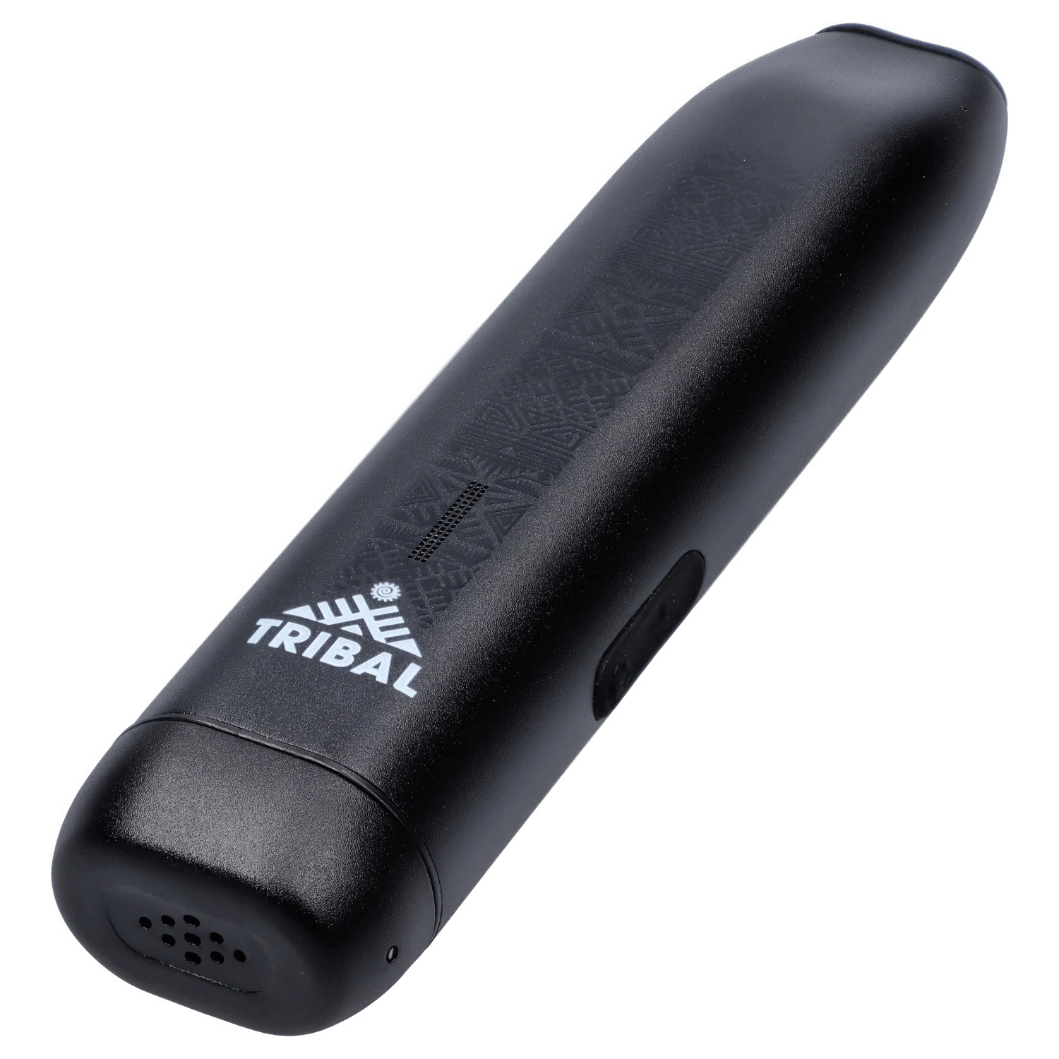 Angled close-up of the black Tribal Aerolith Dry Herb Vaporizer showing its textured top surface, white TRIBAL logo, and side power button.