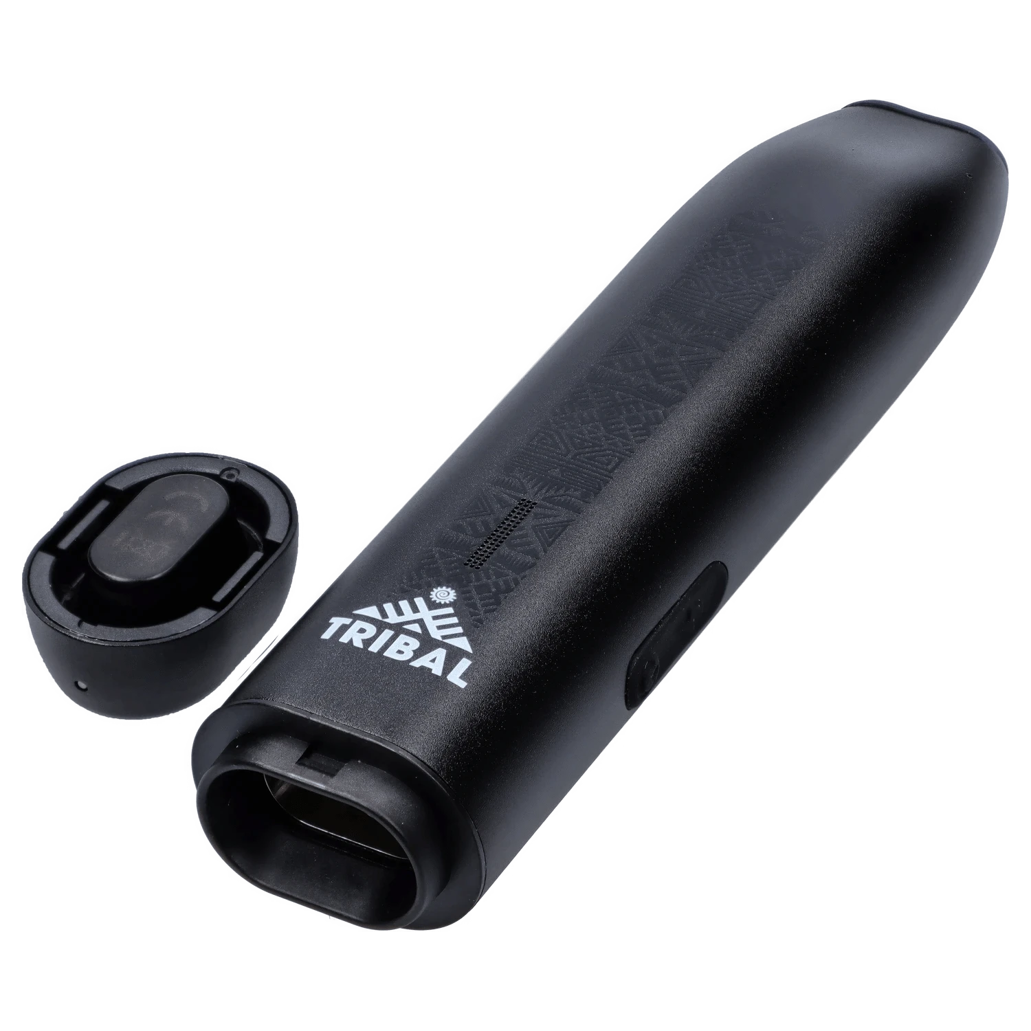Angled close-up of the black Tribal Aerolith Dry Herb Vaporizer showing its embossed pattern, white TRIBAL logo, mouthpiece opening, and detached magnetic cap.