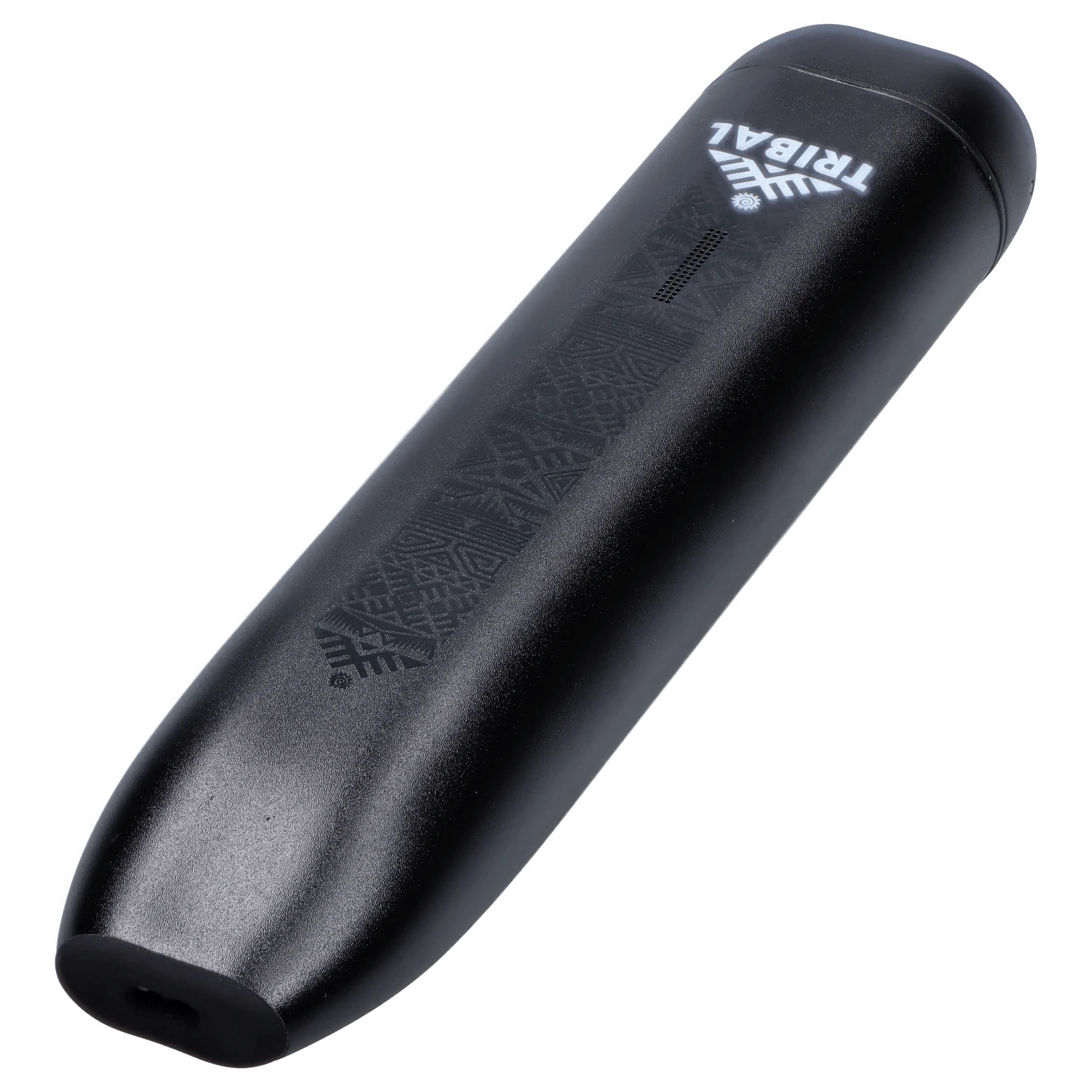 Angled close-up of the black Tribal Aerolith Dry Herb Vaporizer showing its textured surface, vent holes, and white upside-down TRIBAL logo.