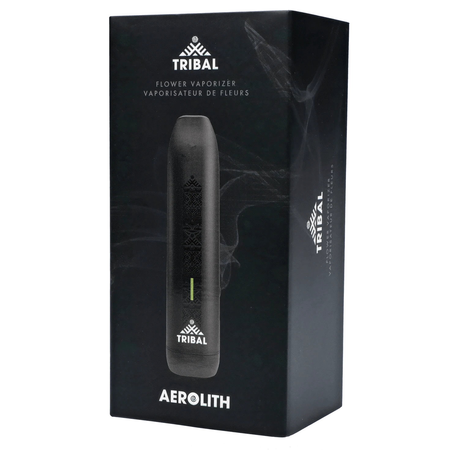 Angled front view of the black packaging showing the Tribal Aerolith Dry Herb Vaporizer silhouette and logo against a smoky dark background