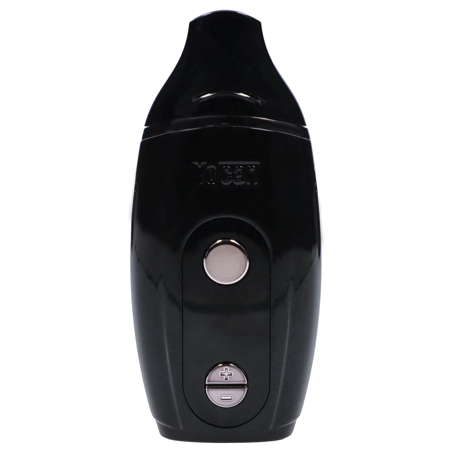 Close-up front view of the black Yocan Iris Concentrate Vape Pen Kit - Black showing its glossy mouthpiece, round power button, and plus/minus controls.