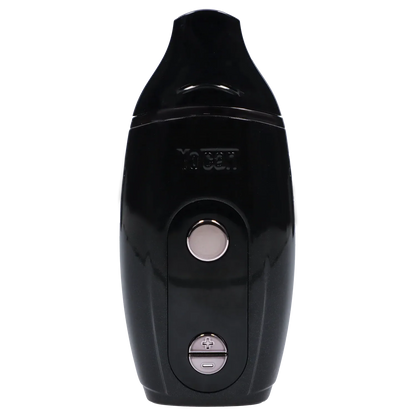 Close-up front view of the black Yocan Iris Concentrate Vape Pen Kit - Black showing its glossy mouthpiece, round power button, and plus/minus controls.