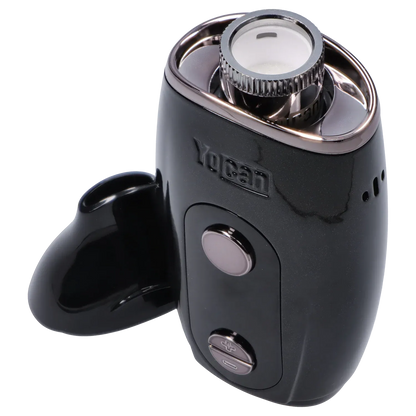 Close-up angled view of the black Yocan Iris Concentrate Vape Pen Kit - Black showing its open mouthpiece, textured metal coil housing, and front control buttons.