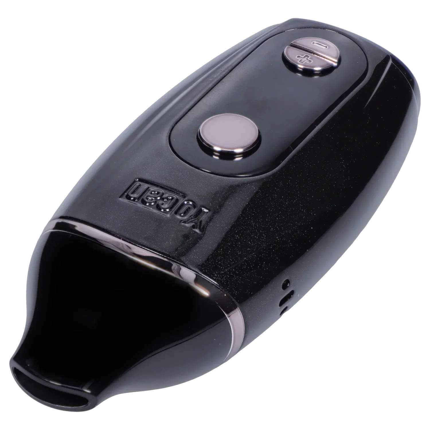 Close-up angled view of the black Yocan Iris Concentrate Vape Pen Kit showing its glossy mouthpiece, round power button and embossed Yocan logo.