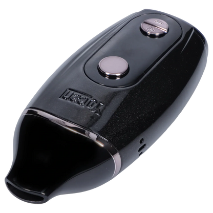 Close-up angled view of the black Yocan Iris Concentrate Vape Pen Kit showing its glossy mouthpiece, round power button and embossed Yocan logo.
