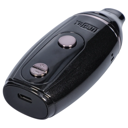 Angled close-up of the black Yocan Iris Concentrate Vape Pen Kit showing its glossy body, raised round power button, plus/minus control, and USB-C port.