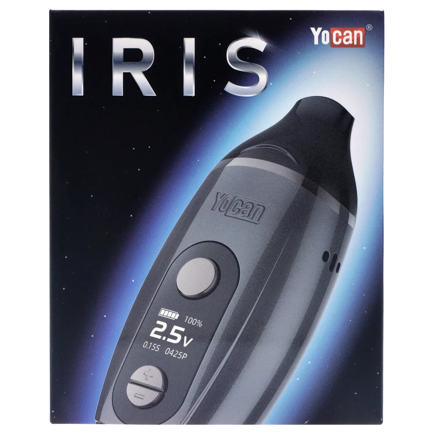 Angled close-up of the black Yocan Iris Concentrate Vape Pen Kit - Black showing its curved mouthpiece, front buttons and glowing blue halo background