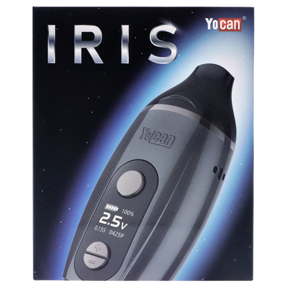 Angled close-up of the black Yocan Iris Concentrate Vape Pen Kit - Black showing its curved mouthpiece, front buttons and glowing blue halo background