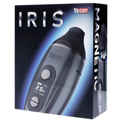 Angled close-up of the black Yocan Iris Concentrate Vape Pen Kit box showing the device's digital display and curved mouthpiece against a starry blue gradient background