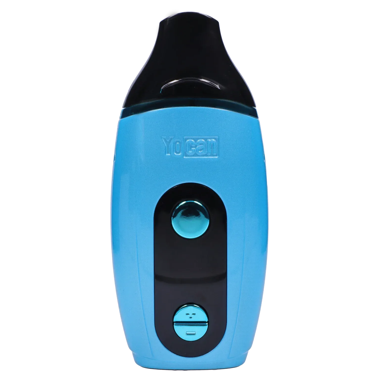 Close-up front view of the blue Yocan Iris Concentrate Vape Pen Kit - Blue showing its black mouthpiece, embossed Yocan logo, and two circular control buttons.