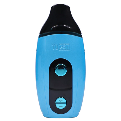 Close-up front view of the blue Yocan Iris Concentrate Vape Pen Kit - Blue showing its black mouthpiece, embossed Yocan logo, and two circular control buttons.