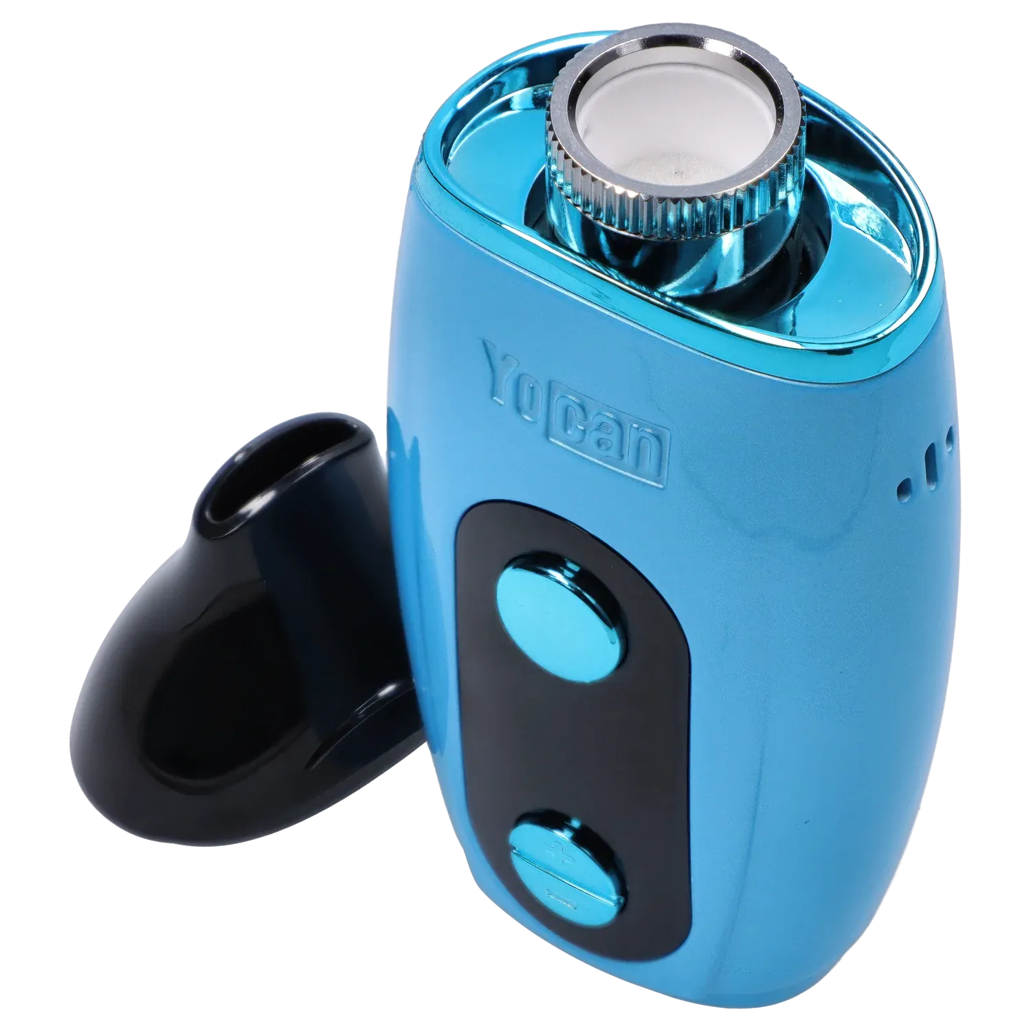 Close-up angled view of the blue Yocan Iris Concentrate Vape Pen Kit - Blue showing the top coil chamber, glossy button panel and open black mouthpiece.