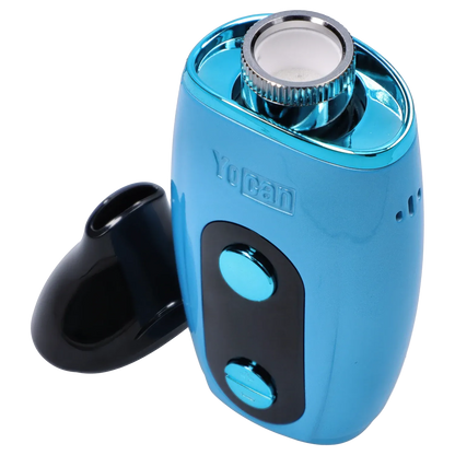 Close-up angled view of the blue Yocan Iris Concentrate Vape Pen Kit - Blue showing the top coil chamber, glossy button panel and open black mouthpiece.