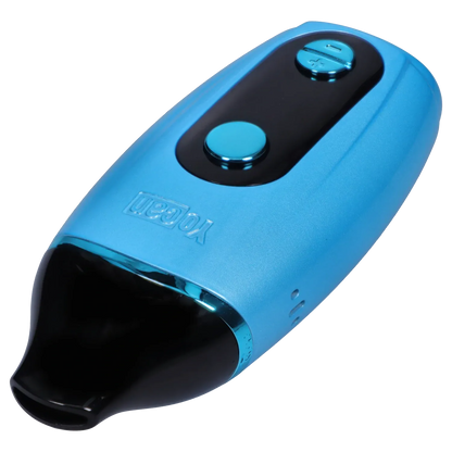 Close angled close-up of the blue Yocan Iris Concentrate Vape Pen Kit - Blue showing its glossy black mouthpiece, circular control button and embossed logo.