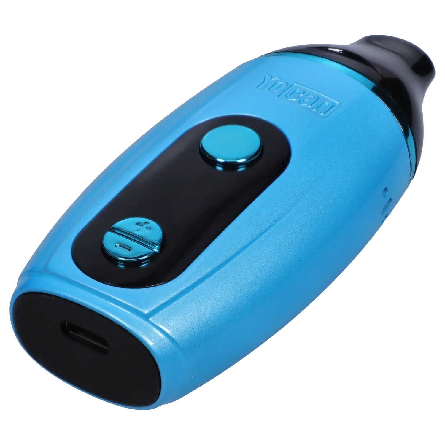 Close-up angled view of the blue Yocan Iris Concentrate Vape Pen Kit - Blue showing its glossy black control panel and raised circular power button.