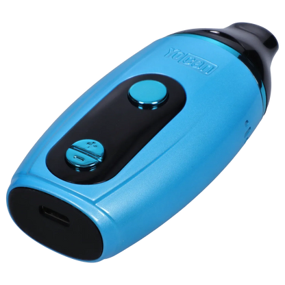 Close-up angled view of the blue Yocan Iris Concentrate Vape Pen Kit - Blue showing its glossy black control panel and raised circular power button.