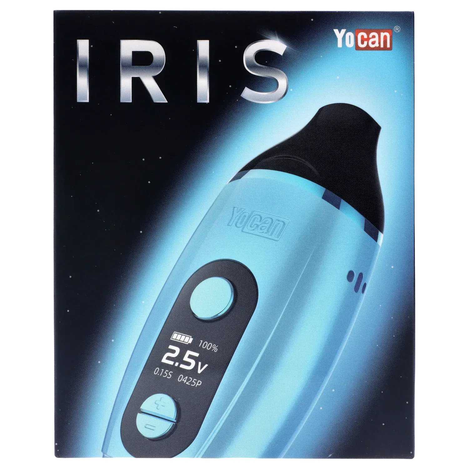 Angled close-up of the blue Yocan Iris Concentrate Vape Pen Kit - Blue showing its glossy pod mouthpiece, front OLED display and circular control buttons against a dark, starry background
