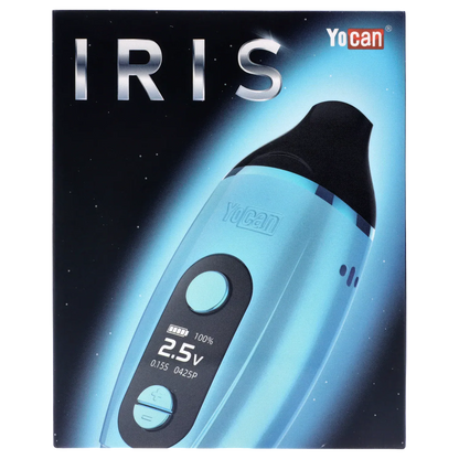 Angled close-up of the blue Yocan Iris Concentrate Vape Pen Kit - Blue showing its glossy pod mouthpiece, front OLED display and circular control buttons against a dark, starry background