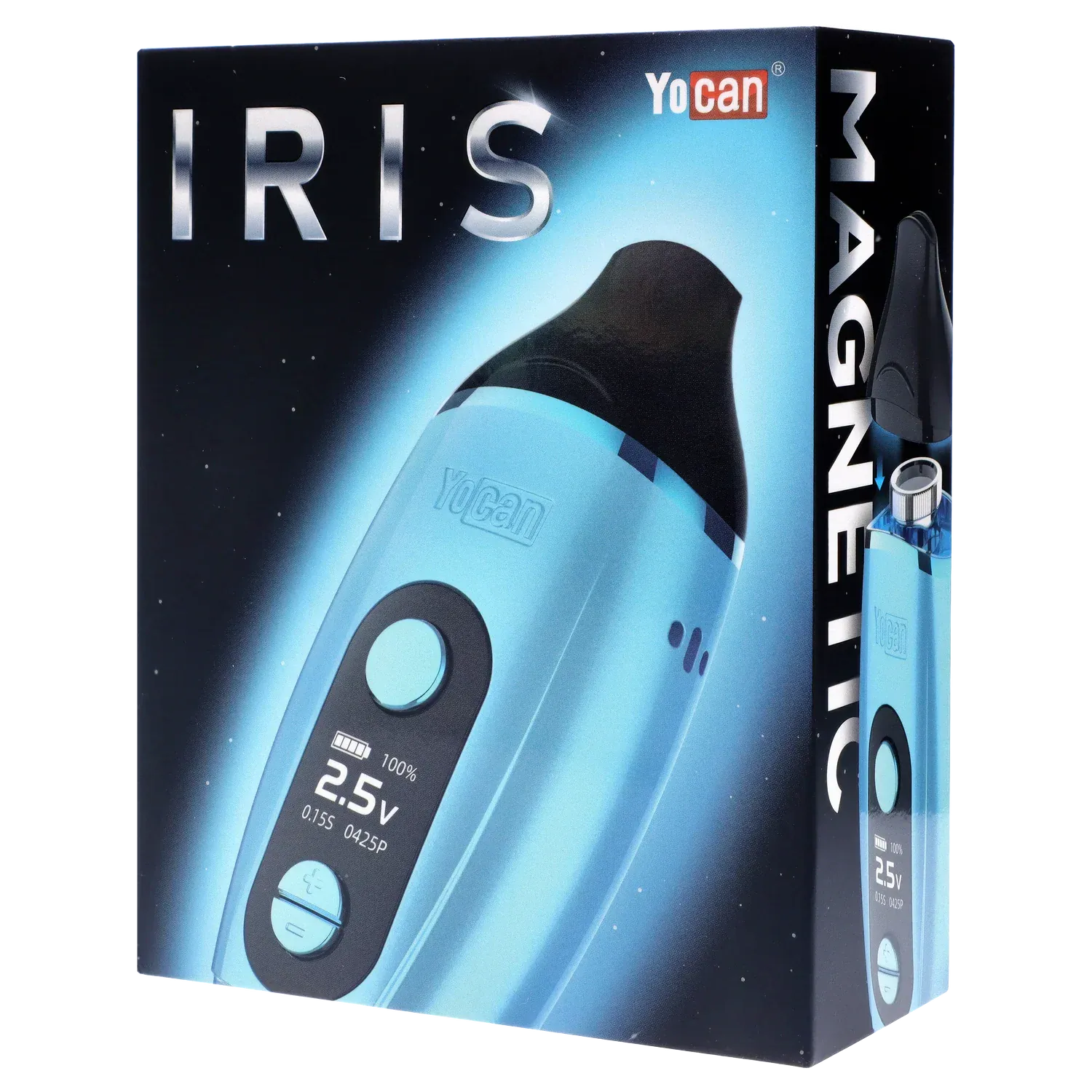 Angled close-up of the blue Yocan Iris Concentrate Vape Pen Kit - Blue box showing the device's curved black mouthpiece and illuminated digital display.