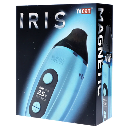 Angled close-up of the blue Yocan Iris Concentrate Vape Pen Kit - Blue box showing the device's curved black mouthpiece and illuminated digital display.