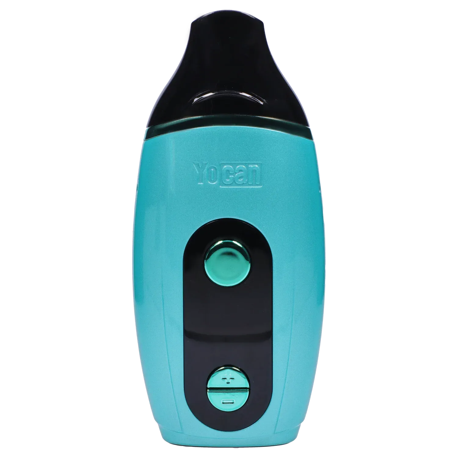Close-up front view of the green Yocan Iris Concentrate Vape Pen Kit - Green showing its glossy black mouthpiece, embossed Yocan logo, and circular control buttons.