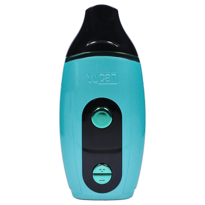 Close-up front view of the green Yocan Iris Concentrate Vape Pen Kit - Green showing its glossy black mouthpiece, embossed Yocan logo, and circular control buttons.