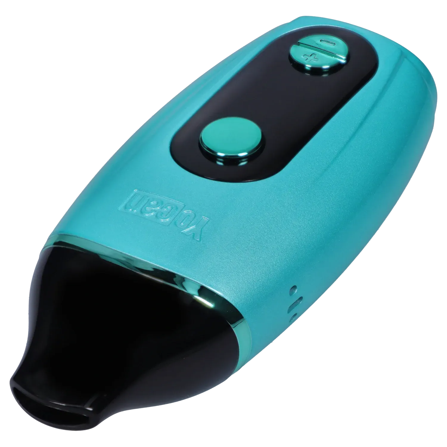 Close-up angled view of the green Yocan Iris Concentrate Vape Pen Kit - Green showing its glossy black mouthpiece, teal metallic body, and top control buttons.