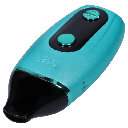 Close-up angled view of the green Yocan Iris Concentrate Vape Pen Kit - Green showing its glossy black mouthpiece, teal metallic body, and top control buttons.