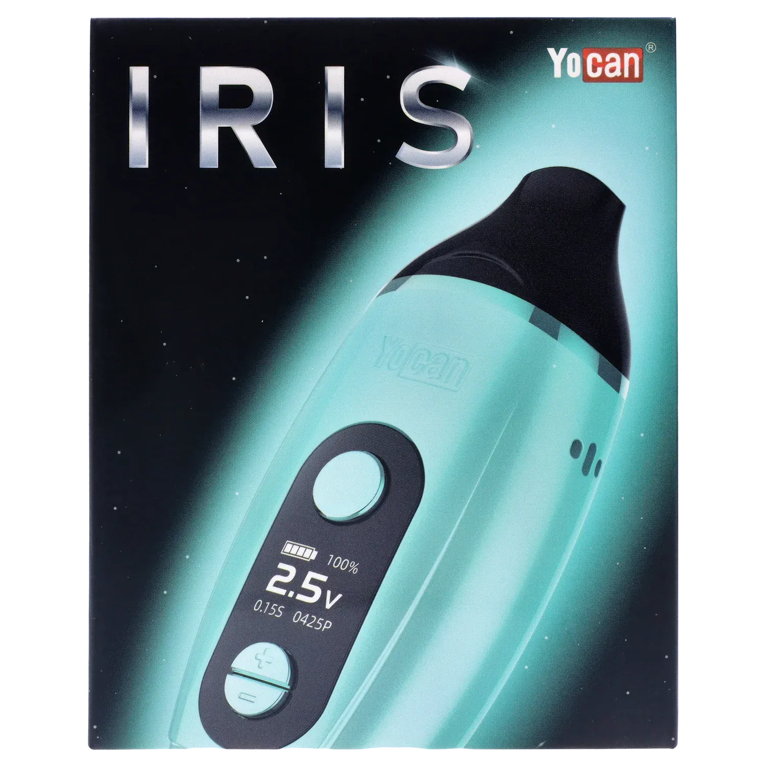 Angled close-up of the green Yocan Iris Concentrate Vape Pen Kit showing its curved mouthpiece and digital control panel.