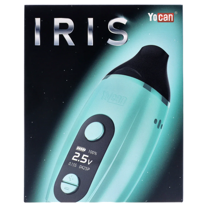 Angled close-up of the green Yocan Iris Concentrate Vape Pen Kit showing its curved mouthpiece and digital control panel.