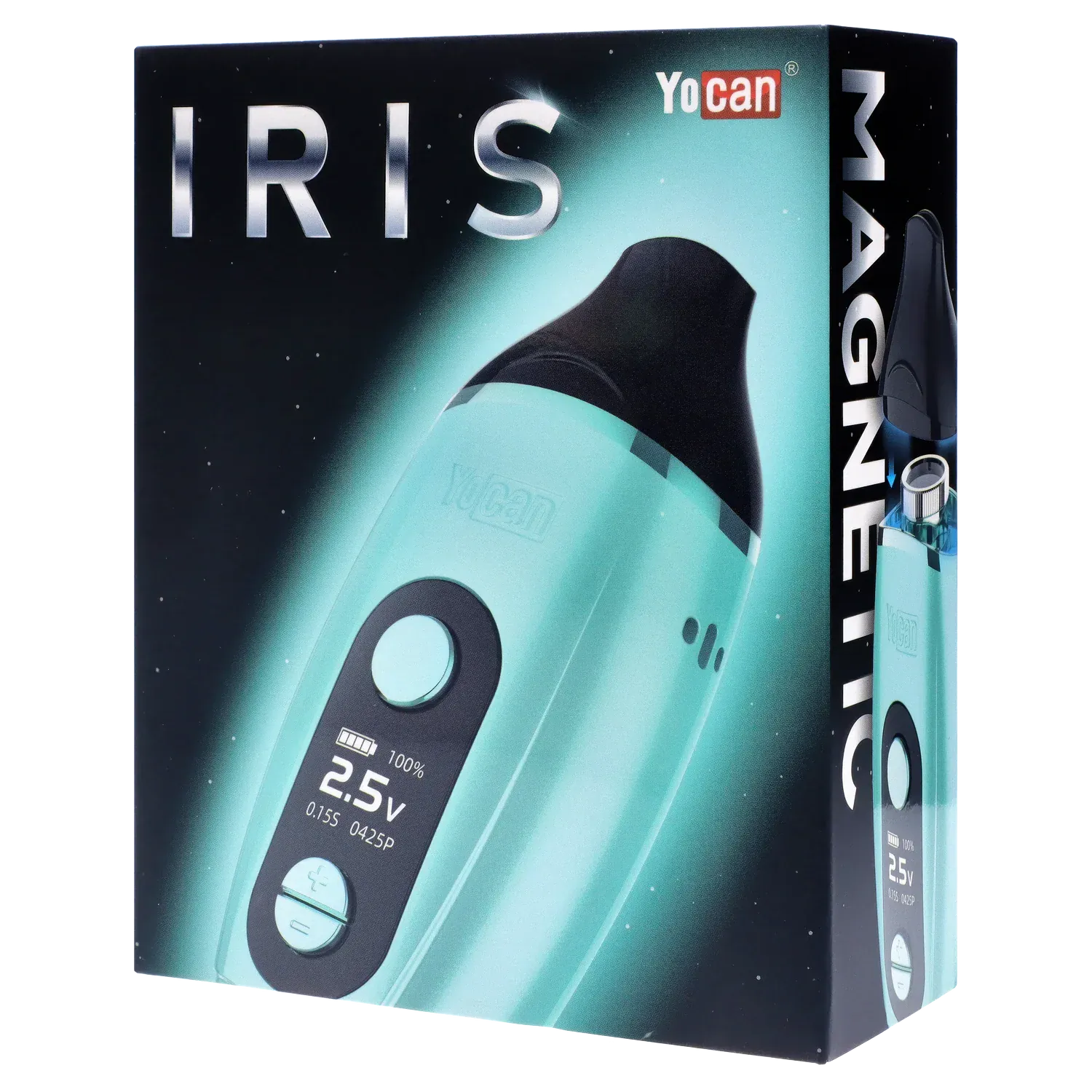 Angled close-up of the green Yocan Iris Concentrate Vape Pen Kit - Green box showing the device's rounded black mouthpiece, digital display and teal body against a starry gradient background