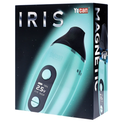Angled close-up of the green Yocan Iris Concentrate Vape Pen Kit - Green box showing the device's rounded black mouthpiece, digital display and teal body against a starry gradient background