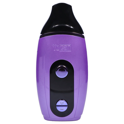 Close-up front view of the Yocan Iris Concentrate Vape Pen Kit - Purple showing its glossy black mouthpiece, embossed Yocan logo, and central black control panel with purple buttons.