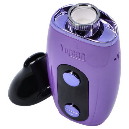 Close-up angled view of the purple Yocan Iris Concentrate Vape Pen Kit showing the top ceramic chamber, chrome rim, embossed Yocan logo, and glossy black control panel.