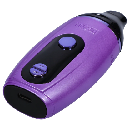 Close-up angled view of the purple Yocan Iris Concentrate Vape Pen Kit - Purple showing its glossy black control panel and rounded mouthpiece.