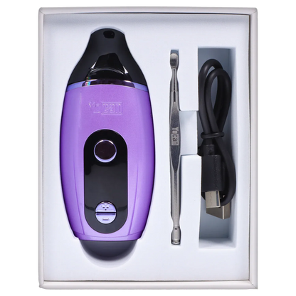 Top-down view of the purple Yocan Iris Concentrate Vape Pen Kit - Purple nestled in foam with a metal dab tool and USB charging cable alongside.