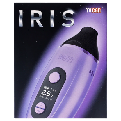 Angled close-up of the purple Yocan Iris Concentrate Vape Pen Kit - Purple showing its curved mouthpiece, central button panel and glowing gradient background