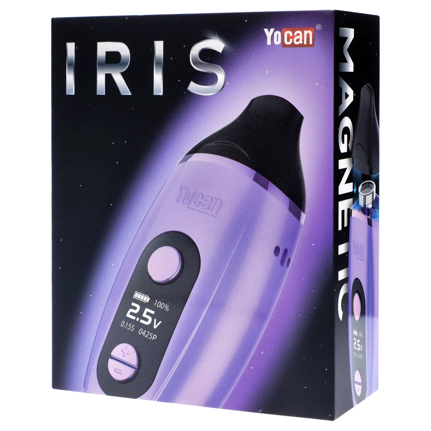 Angled close-up of the purple Yocan Iris Concentrate Vape Pen Kit box showing the device's glossy body, black mouthpiece, and digital display.