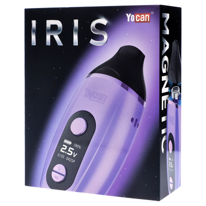 Angled close-up of the purple Yocan Iris Concentrate Vape Pen Kit box showing the device's glossy body, black mouthpiece, and digital display.