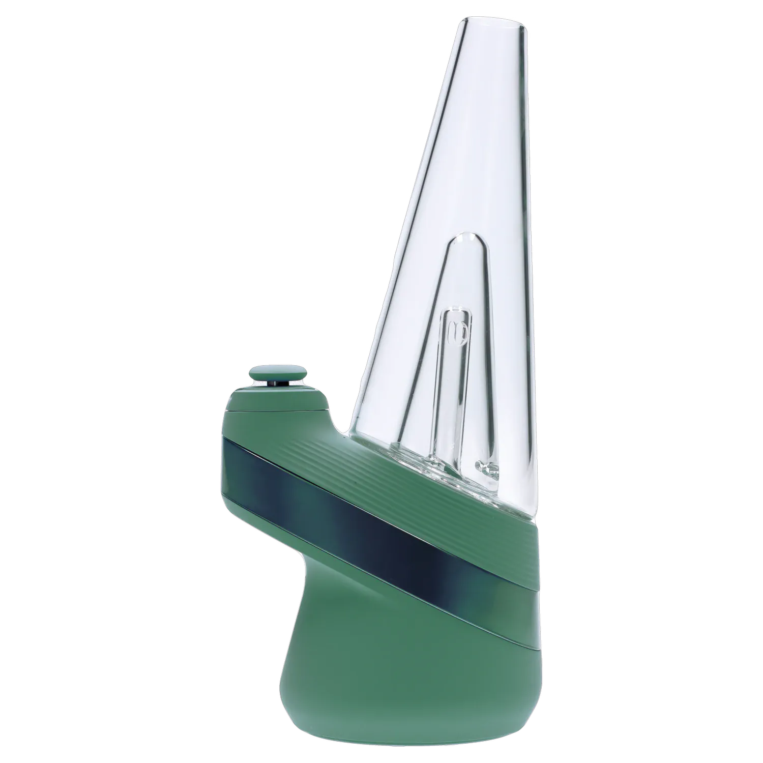 Side profile of the Puffco New Peak - Pine showing its green angled base and tall clear glass mouthpiece against white.