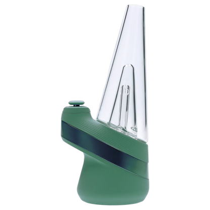 Side profile of the Puffco New Peak - Pine showing its green angled base and tall clear glass mouthpiece against white.