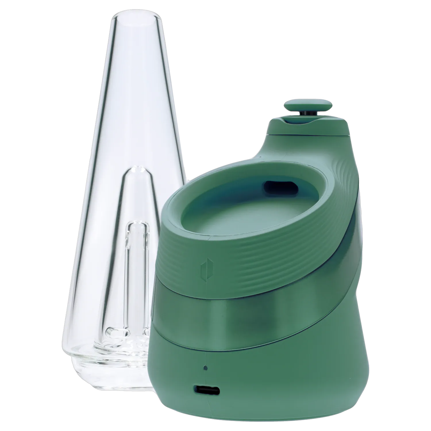 Close-up angled view of the green Puffco New Peak - Pine device next to its clear glass cone mouthpiece.