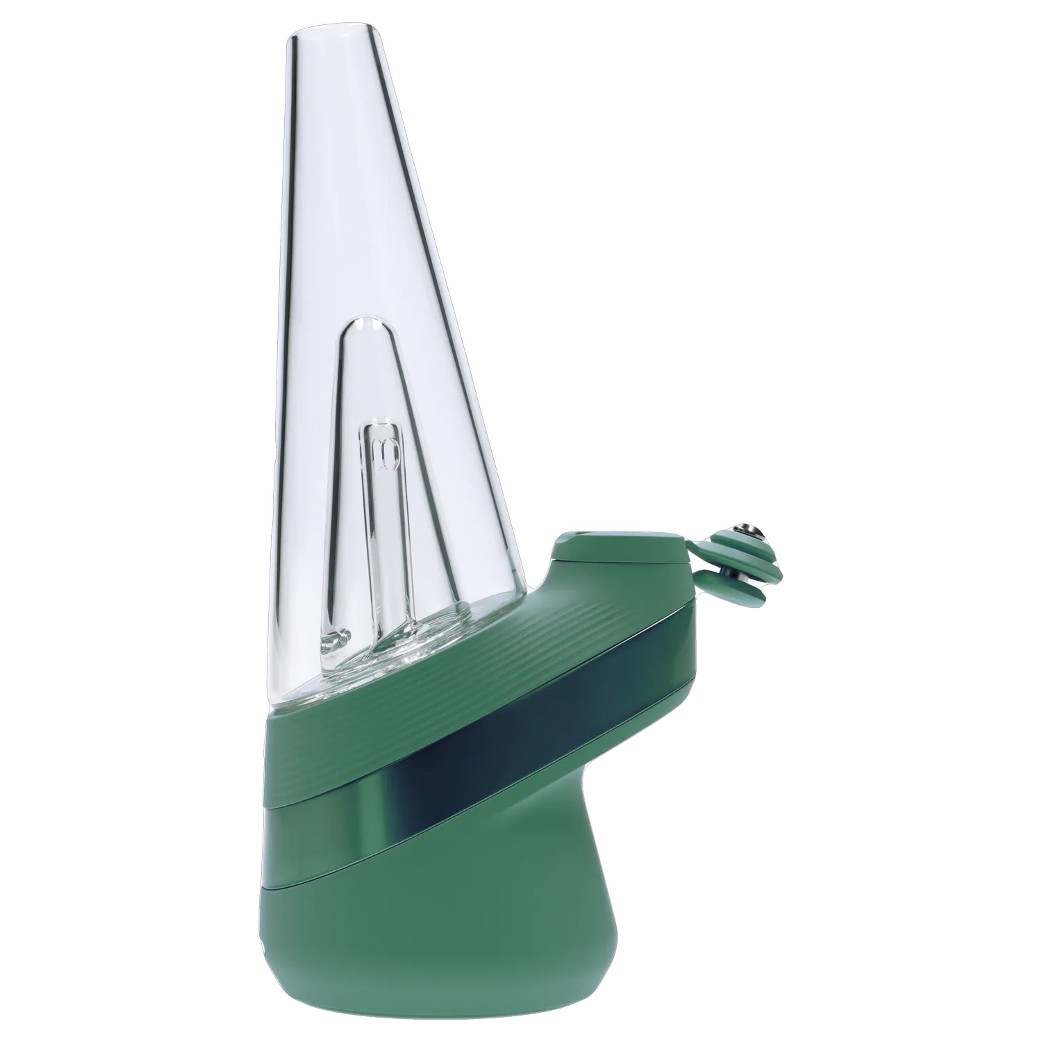 Side profile of the green Puffco New Peak - Pine showing its tall clear glass cone and angled base with a small mouthpiece.